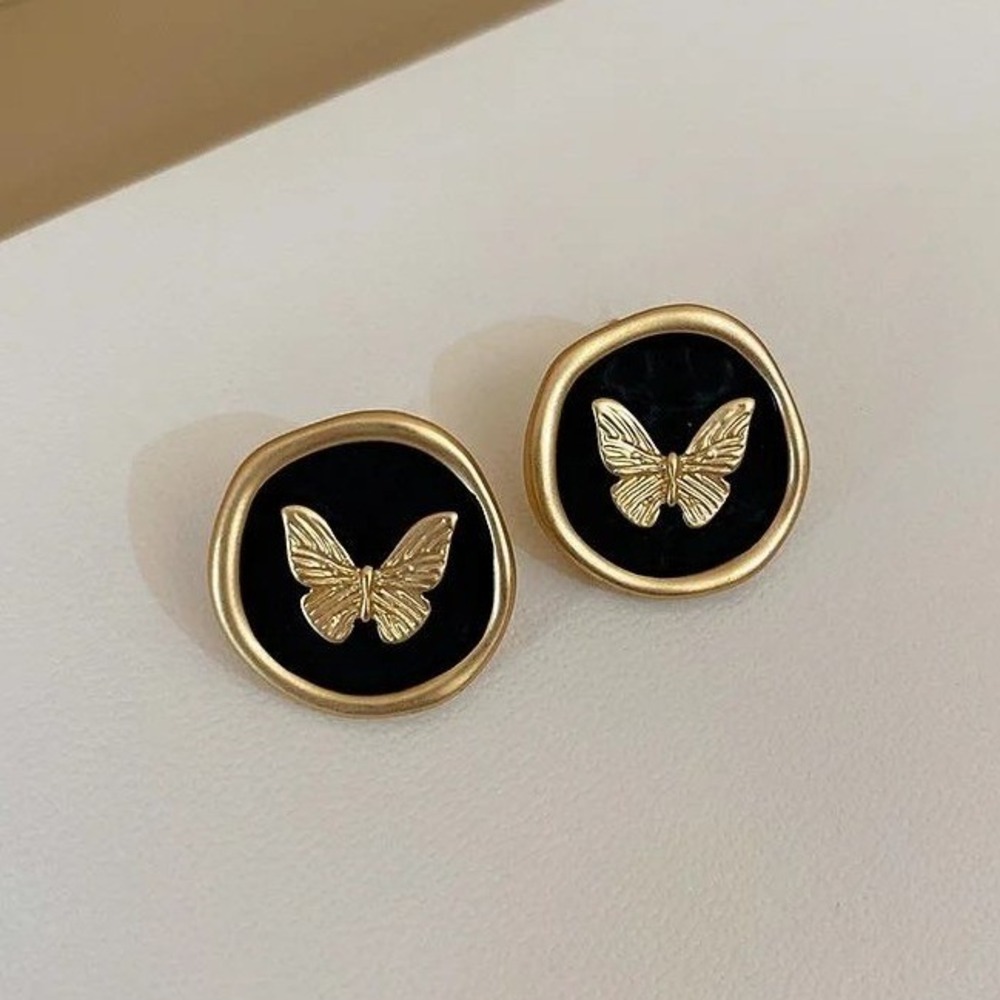 Gold Butterfly Black Round Button Earrings Women's Fashion Jewelry